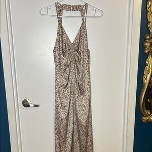 Satin feel Beige & Black Print Halter Maxi Dress